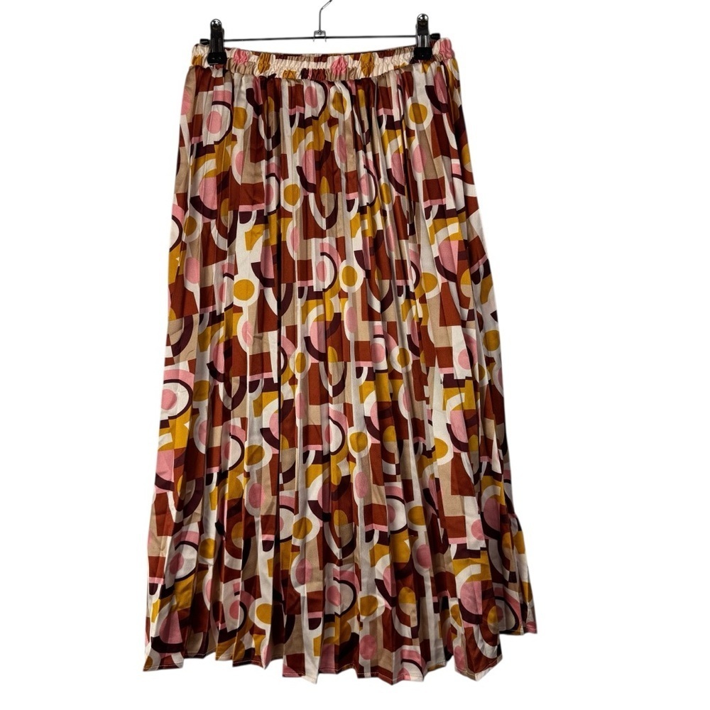 Monteau Pink & Yellow Retro Geometric Printed Pleated Midi Skirt M